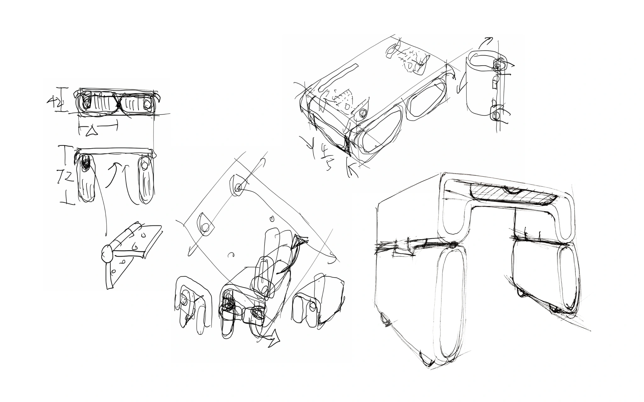 Concept sketches of The Accompanying Growth Furniture, illustrating various design ideas, forms, and functionalities envisioned for adaptability and growth.
